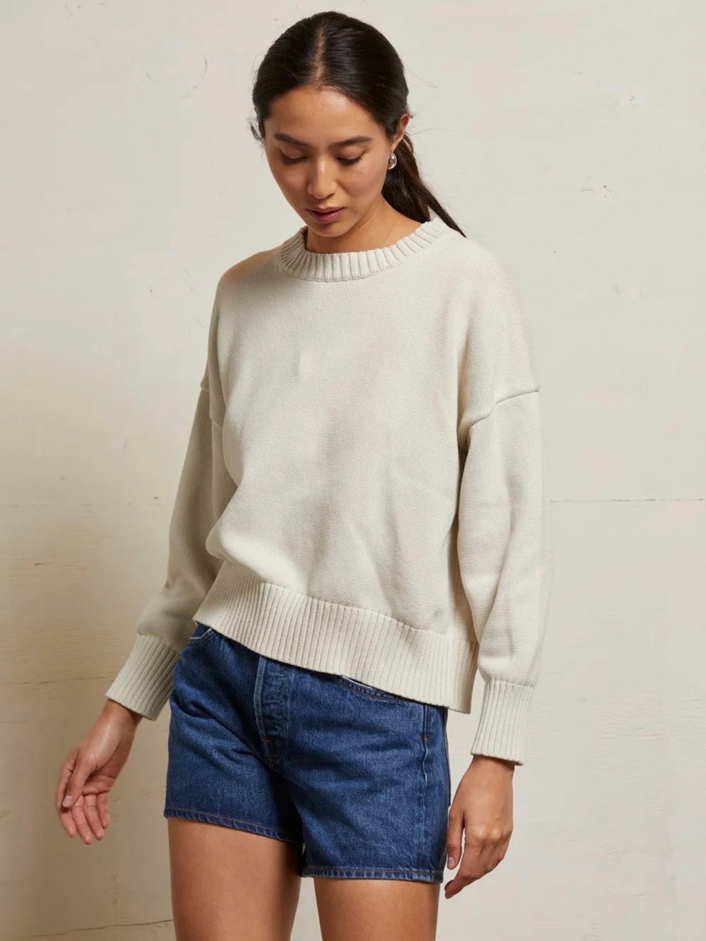 NWT perfectwhitetee Janet 100% Cotton boxy crewneck Sweater Sugar L MSRP $198